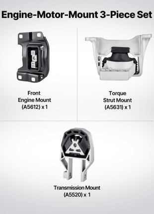 Engine and Transmission Motor Mount Kit Replacement, Set of 3, Compatible with 20132019 Ford Escape 2.0L L4, Replace OE# A5612, A5631, A5520, Secure Support