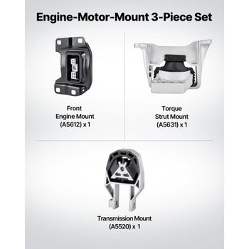 Engine and Transmission Motor Mount Kit Replacement, Set of 3, Compatible with 20132019 Ford Escape 2.0L L4, Replace OE# A5612, A5631, A5520, Secure Support