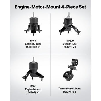 Engine and Transmission Motor Mount Kit Replacement, Set of 4, Compatible with 20072011 Toyota Camry 2.4L L4, Replace OE# A62009, A4207, A4211, A4274, Secure Support