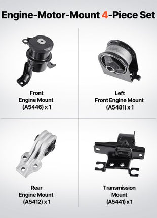 Engine Motor Mount and Transmission Mount Kit Replacement, Set of 4, Compatible with 20092012 Ford Escape 2.5L L4, Replace OE# A5446, A5481, A5412, A5441, Secure Support