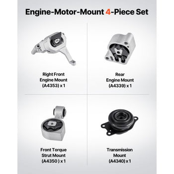 Engine and Transmission Motor Mount Kit Replacement, Set of 4, Compatible with 20072017 Nissan Altima 2.5L L4, Replace OE# A4350, A4353, A4340, A4339, Secure Support