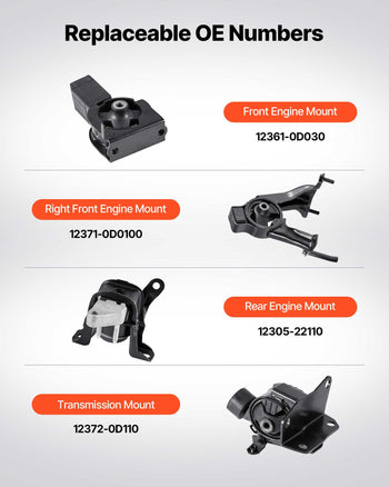Engine and Transmission Motor Mount Kit Replacement, Set of 4, Compatible with 2003–2008 Toyota Corolla 1.8L L4, Replace OE# A4220, A4219, A4218, A4221, Secure Support