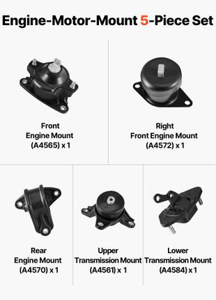 Engine Motor Mount and Transmission Mount Kit Replacement, Set of 5, Compatible with 2008-2012 Honda Accord 2.4L L4 and 2009-2013 Acura TSX 2.4L, Replace OE# A4565 A4572 A4570 A4584 A4561