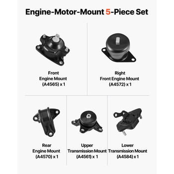 Engine Motor Mount and Transmission Mount Kit Replacement, Set of 5, Compatible with 2008-2012 Honda Accord 2.4L L4 and 2009-2013 Acura TSX 2.4L, Replace OE# A4565 A4572 A4570 A4584 A4561