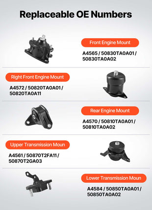 Engine Motor Mount and Transmission Mount Kit Replacement, Set of 5, Compatible with 2008-2012 Honda Accord 2.4L L4 and 2009-2013 Acura TSX 2.4L, Replace OE# A4565 A4572 A4570 A4584 A4561