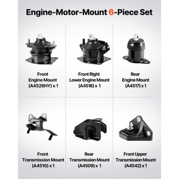 Engine Motor Mount and Transmission Mount Kit Replacement, Set of 6, Compatible with 20032007 Honda Accord 2.4L L4, Replace OE# A4526HY, A4517, A4516, A4510, A4509, A4542, Secure Support