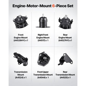 Engine Motor Mount and Transmission Mount Kit Replacement, Set of 6, Compatible with 20032007 Honda Accord 3.0L V6, Replace OE# A4526HY, A4517, A4527HY, A4524, A4544, A4525, Secure Support