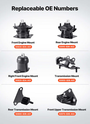 Engine Motor Mount and Transmission Mount Kit Replacement, Set of 6, Compatible with 2003–2007 Honda Accord 3.0L V6, Replace OE# A4526HY, A4517, A4527HY, A4524, A4544, A4525, Secure Support
