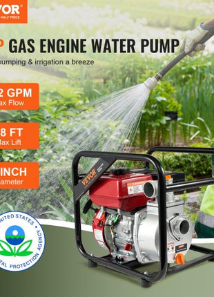 Gasoline Powered Trash Pump, 2 in/50 mm, 7HP 132GPM 4-Stroke Gasoline Engine Water Transfer Pump with 25 ft/7.62 m Outlet Hose Max 98 ft Lift 26ft Suction, Cast Iron Impeller for Irrigation Pool