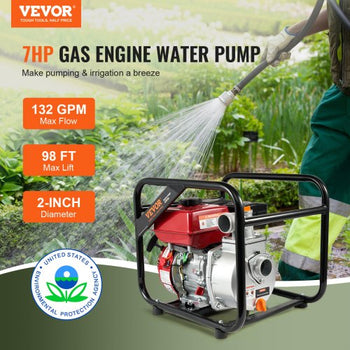 Gasoline Powered Trash Pump, 2 in/50 mm, 7HP 132GPM 4-Stroke Gasoline Engine Water Transfer Pump with 25 ft/7.62 m Outlet Hose Max 98 ft Lift 26ft Suction, Cast Iron Impeller for Irrigation Pool