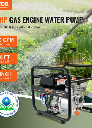Gasoline Powered Trash Pump, 2 in/50 mm, 6.5HP 132 GPM 4-Stroke Gasoline Engine Water Transfer Pump with 98 ft Max Lift 26ft Max Suction Inlet Filter, Cast Iron Impeller for Irrigation Pool