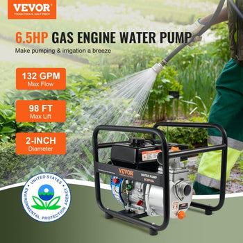 Gasoline Powered Trash Pump, 2 in/50 mm, 6.5HP 132 GPM 4-Stroke Gasoline Engine Water Transfer Pump with 98 ft Max Lift 26ft Max Suction Inlet Filter, Cast Iron Impeller for Irrigation Pool