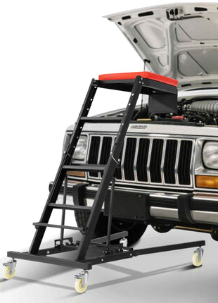 Red and black rolling mechanic's creeper with adjustable height for easy access under vehicles. Durable steel construction.