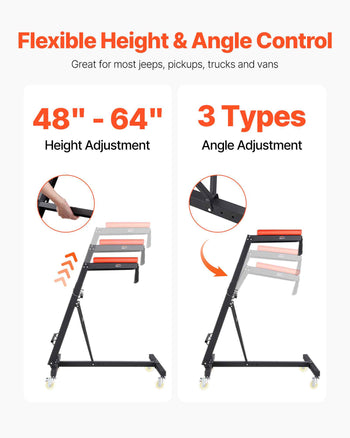 Adjustable black metal vehicle ramp with red supports, height 48"-64", featuring three angle adjustment options.