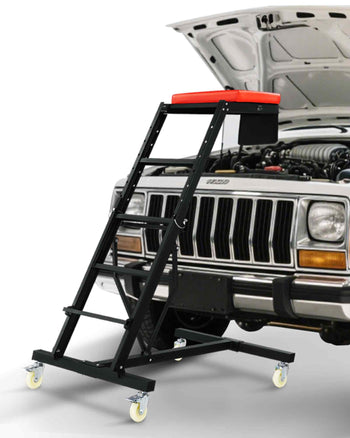 Red cushioned mechanic’s rolling stool with black steel frame, 4 wheels, styled for easy access to vehicles.