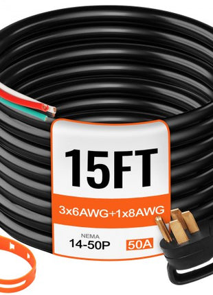15 ft 50A RV Camp Power Cord Generator Cord 6/3+8/1 AWG NEMA 14-50P to Bare Wire