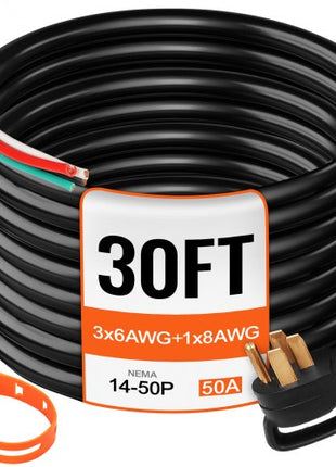 30' 50A RV Camp Power Cord Generator Cord 6/3 + 8/1 AWG NEMA 14-50P to Bare Wire