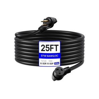 30-Amp Generator Extension Cord, 25 Foot, 250 Volts 7500 Watts Heavy Duty Power Cable, NEMA 6-50R NEMA 6-50P SWT 8AWG Flexible Welder Extension Cord, with Storage Bag, for Generators, ETL Listed