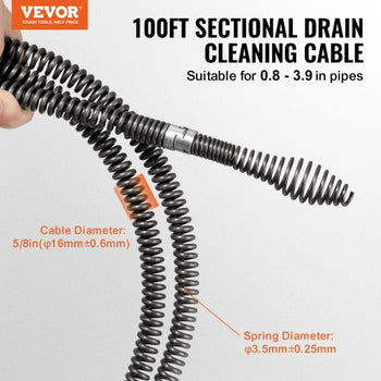 Drain Cleaning Cable 100 FT x 5/8 Inch, Professional Sectional Drain Cleaner Cable with 7 Cutters for 0.8" to 3.9" Pipes, Hollow Core Sewer Drain Auger Cable for Sink, Floor Drain, Toilet