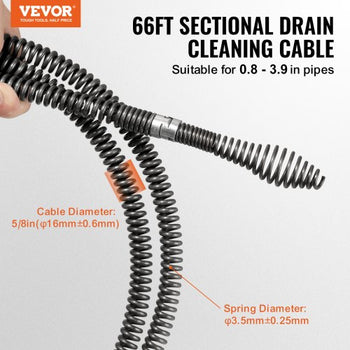 Drain Cleaning Cable 66 FT x 5/8 Inch, Professional Sectional Drain Cleaner Cable with 7 Cutters for 0.8" to 3.9" Pipes, Hollow Core Sewer Drain Auger Cable for Sink, Floor Drain, Toilet