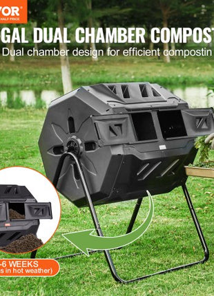 Compost Bin, 43-Gal Dual Chamber Composting Tumbler, Large Tumbling Rotating Composter with 2 Sliding Doors and Steel Frame, BPA Free Composter Bin Tumbler for Garden, Kitchen, Yard, Outdoor