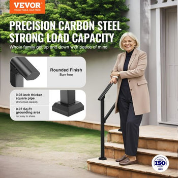 Handrails for Outdoor Steps, 2 PCS 2-3 Step Stair Hand Rail Kit, Transitional Carbon Steel Railings with Installation Kit, Stair Rails for Seniors, Concrete & Porch & Deck, Black Square Tube