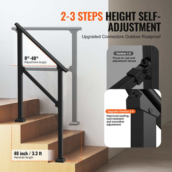 Handrails for Outdoor Steps, 2 PCS 2-3 Step Stair Hand Rail Kit, Transitional Carbon Steel Railings with Installation Kit, Stair Rails for Seniors, Concrete & Porch & Deck, Black Square Tube