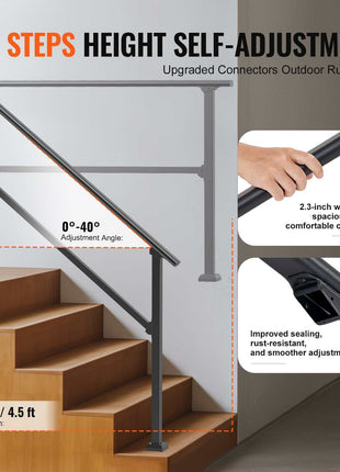 Handrails for Outdoor Steps, 4-5 Step Stair Hand Rail Kit, Transitional Carbon Steel Railings with Installation Kit, Stair Rails for Seniors, Concrete Steps & Porch & Deck, Black Square Tube