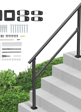 Handrails for Outdoor Steps, 4-5 Step Stair Hand Rail Kit, Transitional Carbon Steel Railings with Installation Kit, Stair Rails for Seniors, Concrete Steps & Porch & Deck, Black Square Tube