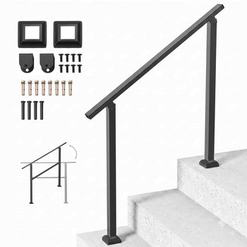 Outdoor Handrails for Steps, 2-3 Step Stair Rail Kit, Black Square Tube with Horizontal Bar, Carbon Steel Support Rails for Seniors, Concrete & Deck Stairs, Easy Installation