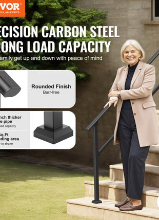 Handrails for Outdoor Steps, 5 Step Stair Hand Rail Kit, Transitional Carbon Steel Railings with Installation Kit, Stair Rails for Seniors, Concrete Steps & Porch & Deck, Black Square Tube