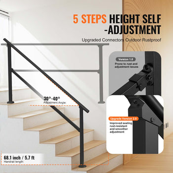 Handrails for Outdoor Steps, 5 Step Stair Hand Rail Kit, Transitional Carbon Steel Railings with Installation Kit, Stair Rails for Seniors, Concrete Steps & Porch & Deck, Black Square Tube