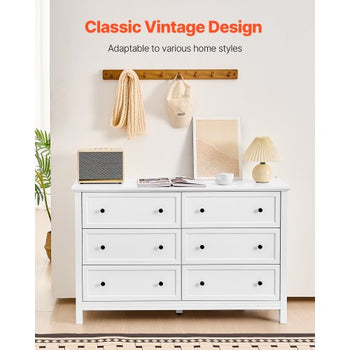 6 Drawer Dresser, Wooden Chest of Drawers with Sliding and Anti-tip Device, Retro Minimalist Dresser Chest, Closet Storage TV Stand Organizer for Living Room, Hallway, Bedroom, Entryway, White