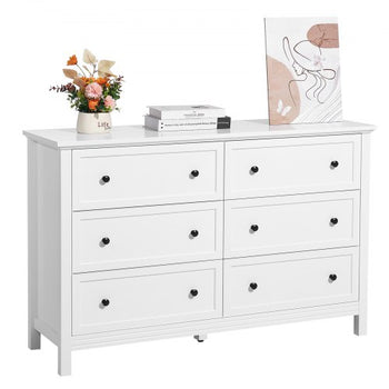 6 Drawer Dresser, Wooden Chest of Drawers with Sliding and Anti-tip Device, Retro Minimalist Dresser Chest, Closet Storage TV Stand Organizer for Living Room, Hallway, Bedroom, Entryway, White