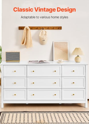 9 Drawer Dresser, Wooden Chest of Drawers with Sliding and Anti-tip Device, Retro Minimalist Dresser Chest, Closet Storage TV Stand Organizer for Living Room, Hallway, Bedroom, Entryway, White