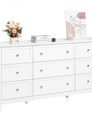 9 Drawer Dresser, Wooden Chest of Drawers with Sliding and Anti-tip Device, Retro Minimalist Dresser Chest, Closet Storage TV Stand Organizer for Living Room, Hallway, Bedroom, Entryway, White