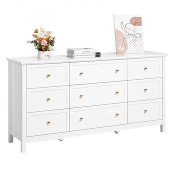 9 Drawer Dresser, Wooden Chest of Drawers with Sliding and Anti-tip Device, Retro Minimalist Dresser Chest, Closet Storage TV Stand Organizer for Living Room, Hallway, Bedroom, Entryway, White