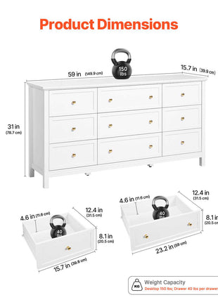 9 Drawer Dresser, Wooden Chest of Drawers with Sliding and Anti-tip Device, Retro Minimalist Dresser Chest, Closet Storage TV Stand Organizer for Living Room, Hallway, Bedroom, Entryway, White