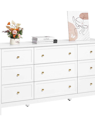 9 Drawer Dresser, Wooden Chest of Drawers with Sliding and Anti-tip Device, Retro Minimalist Dresser Chest, Closet Storage TV Stand Organizer for Living Room, Hallway, Bedroom, Entryway, White