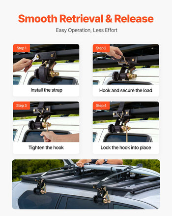 Ladder Rack Ratchet Straps, Black Square Tube Mount, 1.5 in Wide x 7.4 ft Long Black Ladder Rack Straps with Double J-Hooks, 500 lbs Load Heavy Duty, Cargo Buckle Lock Strap (2 Pack)