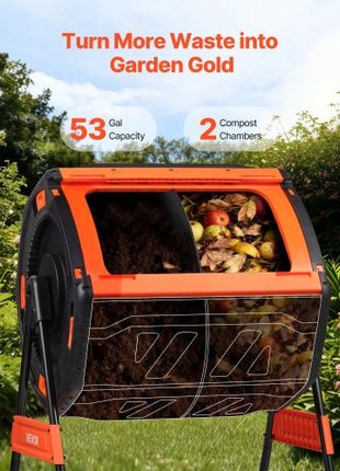 Compost Tumbler, 53 Gallon Dual Chamber Outdoor Tumbling Composter with 2 Sliding Doors and Aeration System, Large Easy-Turn Rotating Composting Bin for Outside, Garden, Kitchen, and Yard Waste