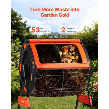Compost Tumbler, 53 Gallon Dual Chamber Outdoor Tumbling Composter with 2 Sliding Doors and Aeration System, Large Easy-Turn Rotating Composting Bin for Outside, Garden, Kitchen, and Yard Waste