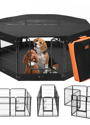 Dog Playpen, 8 Pcs 24 x 24 in Panels Foldable Metal Pet Exercise Pen, Dog Fence Indoor and Outdoor Pen with Door, Storage Bag, Top Cover and Bottom Pad, for Dogs, Cats and Other Small Animals