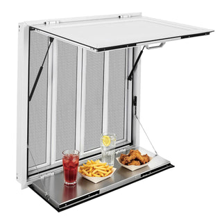 Concession Window Folding Shelf 36x36in Aluminum Alloy Service Window, for Food Truck, Up to 85 Degrees, with 4 Sliding Screen Windows, Awning Door and Drag Hook, Rainwater Resistant