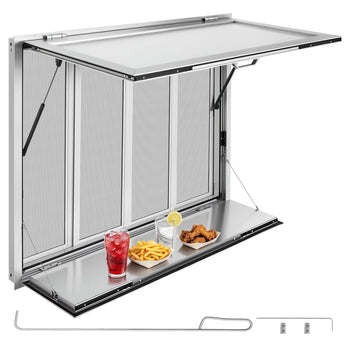 Concession Window Folding Shelf 48x36in Aluminum Alloy Service Window, for Food Truck, Up to 85 Degrees, with 4 Sliding Screen Windows, Awning Door and Drag Hook, Rainwater Resistant