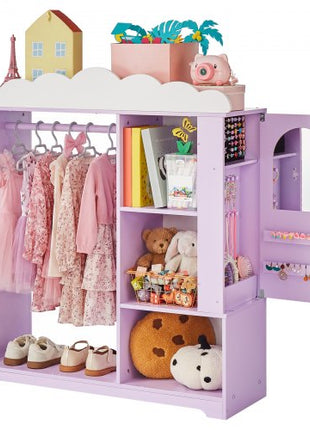 Kids Dress Up Storage, with Jewelry Cabinet, Dress Up Closet with Mirror and Shelves, Princess Costumes Wardrobe Closet, Toddler Costume Organizer Armoire, for Bedroom, Kids Room, Girls, Purple