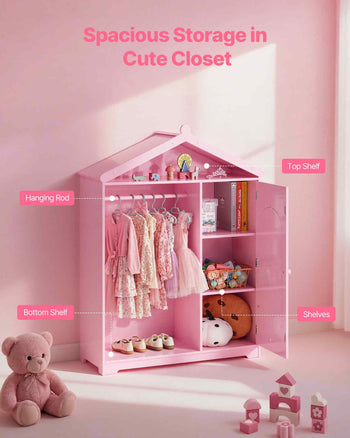 Kids Dress Up Storage, with Mirror, Dress Up Closet, Kids Armoire Wardrobe Closet for Little Girls, Toddler Costume Organizer, Pretend Princess Storage Dresser, for Bedroom, Girls Room, Pink