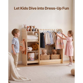 Kids Dress Up Storage, with Mirror, Wooden Kids Dress Up Rack, Toddler Wardrobe Closet for Little Girls, Storage Armoire, Costume Organizer, Children Playroom Furniture, for Bedroom, Natural