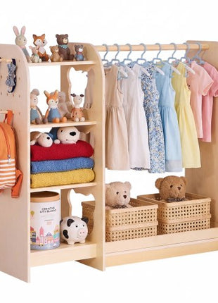 Kids Dress Up Storage, with Mirror, Wooden Kids Dress Up Rack, Toddler Wardrobe Closet for Little Girls, Storage Armoire, Costume Organizer, Children Playroom Furniture, for Bedroom, Natural