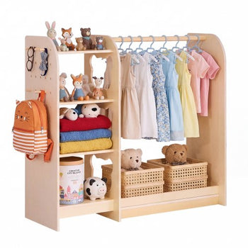 Kids Dress Up Storage, with Mirror, Wooden Kids Dress Up Rack, Toddler Wardrobe Closet for Little Girls, Storage Armoire, Costume Organizer, Children Playroom Furniture, for Bedroom, Natural